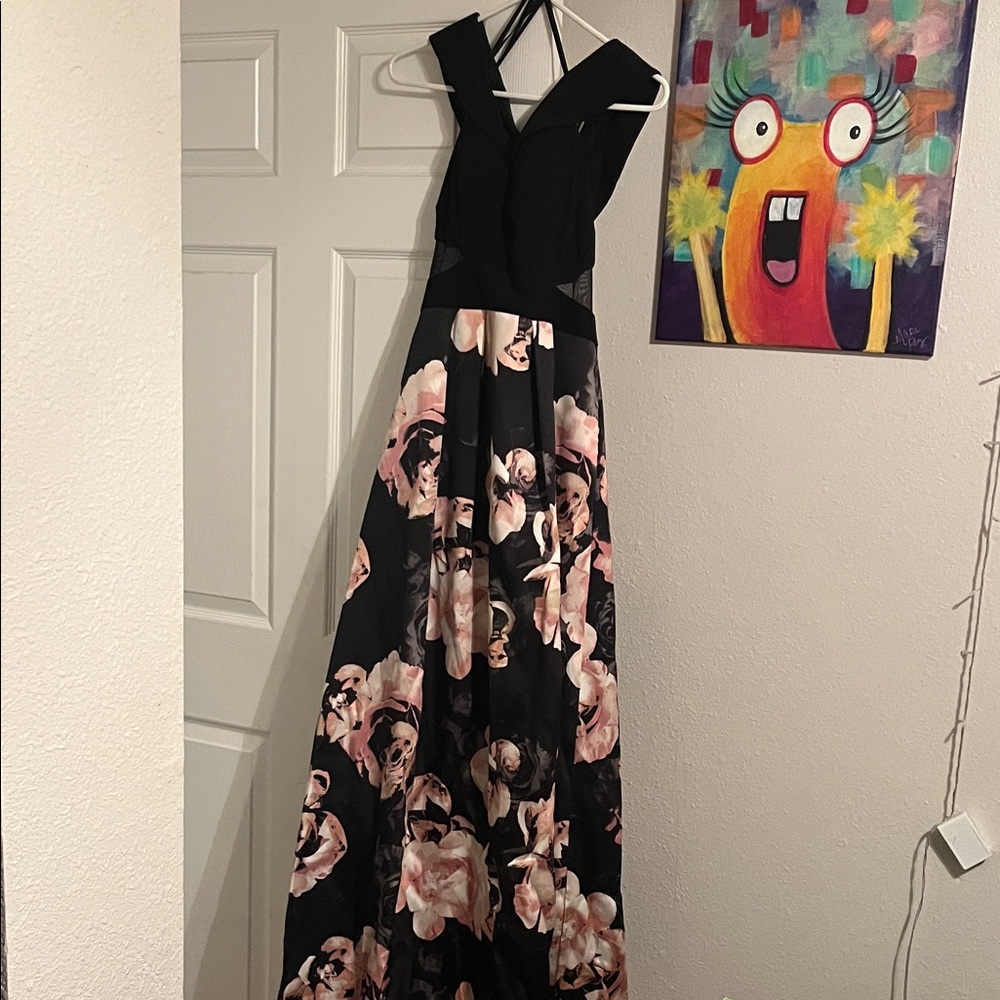 Xscape Black and Pink Floral Prom Dress